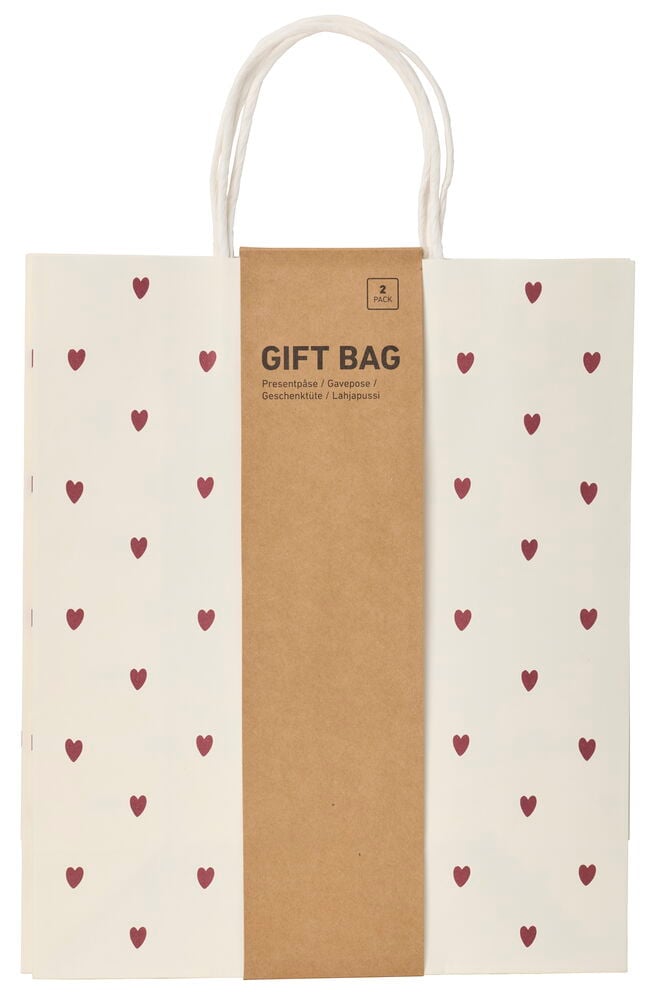 Vit Presentpåse 32 cm, 2-pack Papper Hjärta med röda hjärtan och brunt produktetikettband.