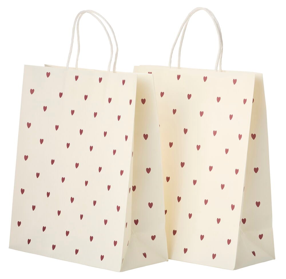 Två krämfärgade presentpåsar i papper med röda hjärtmönster och tvinnade handtag, 2-pack Papper Hjärta.