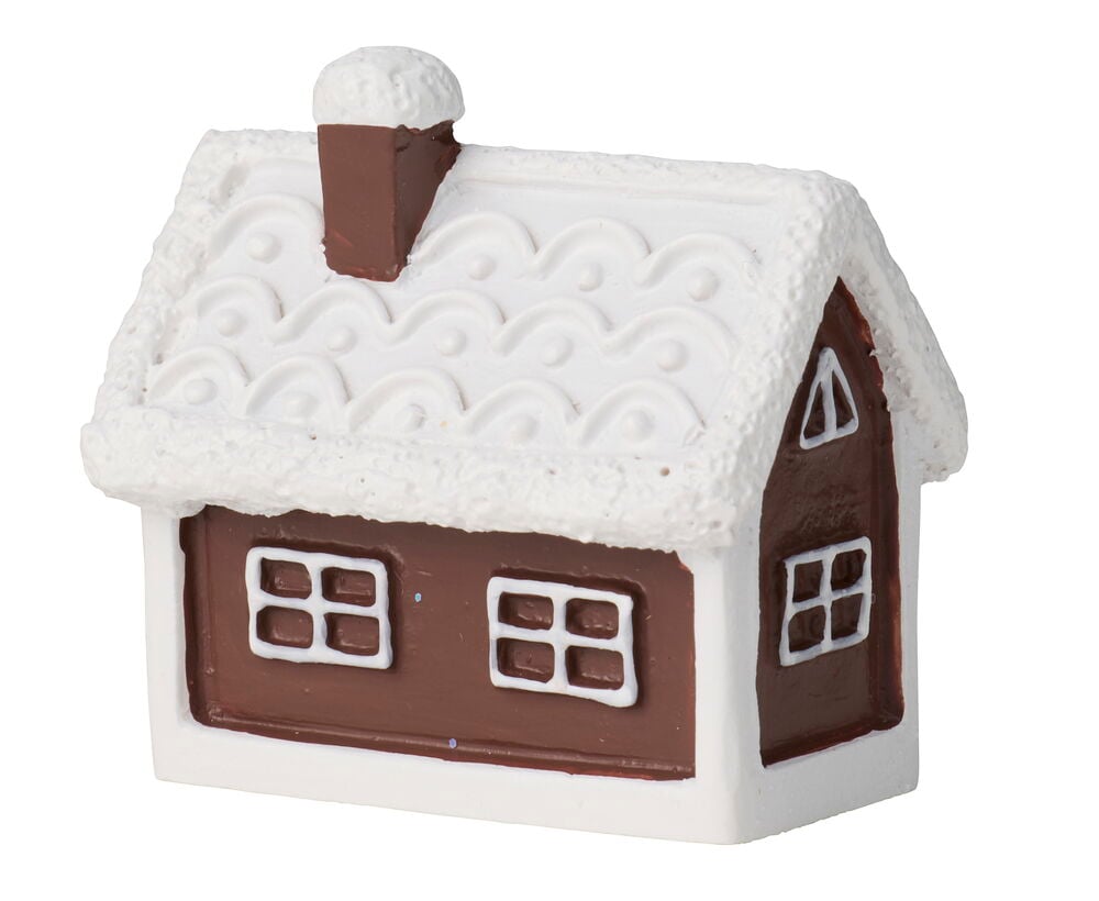 Tilbehør til Nissedør Vinter: Miniatyr brunt pepperkakehus med hvit melis, taksnø, skorstein og vinduer.
