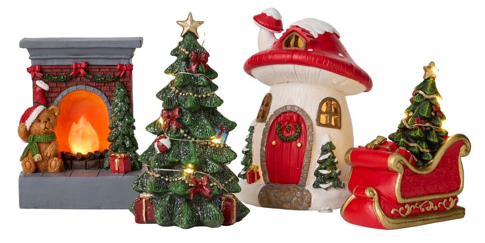 Zubehör für Wichteltür Weihnachten LED enthält Kamin, großen Baum, Pilzhaus und Schlitten mit Baum.