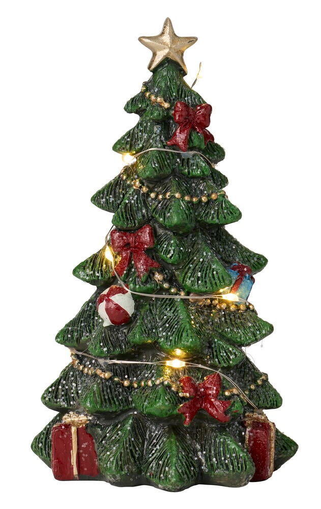 Zubehör für Wichteltür Weihnachten LED: Grüner Weihnachtsbaum mit Goldstern, roten Schleifen, Goldgirlande und LED-Lichtern.