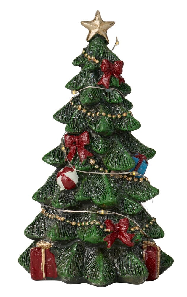 Grüner Weihnachtsbaum mit LED, Goldstern, roten Schleifen, verschiedenen Geschenken und Perlengirlande.