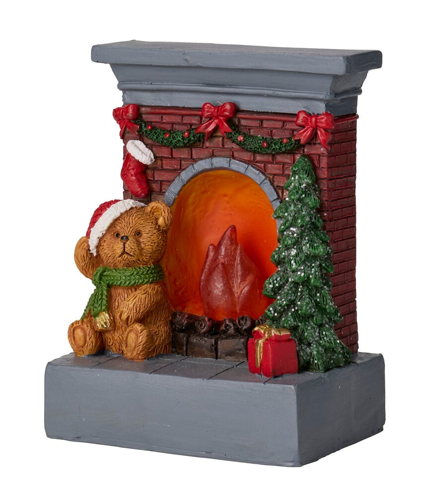 Zubehör für Wichteltür Weihnachten LED: Miniaturkamin mit Teddybär, Baum und Geschenk, mit LED-Feuer.