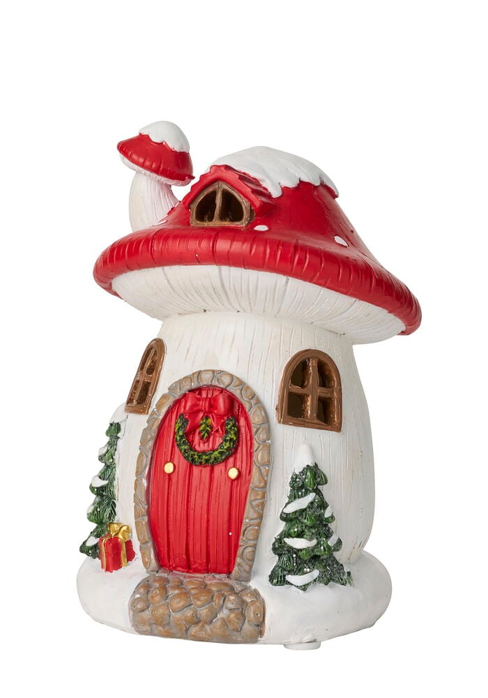 Zubehör für Wichteltür Weihnachten LED: Pilzhaus mit rotem Hut, weißen Wänden, roter Tür, Schnee, Bäumen und Kranz.