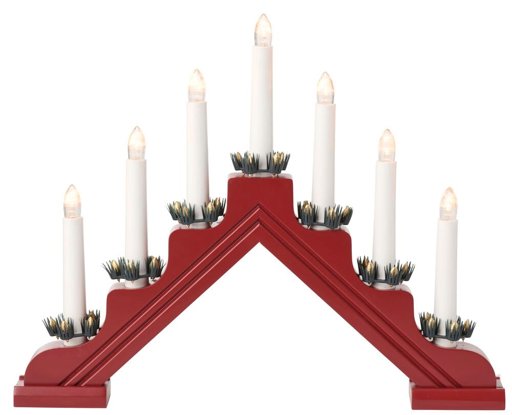 Adventsljusstake Viken Röd, ett A-format stativ med 7 vita elektriska ljus och gröna dekorationsringar.