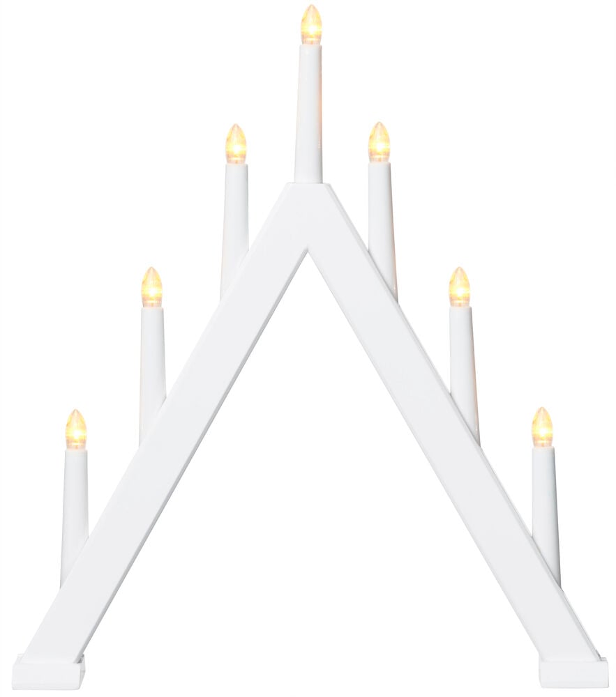 Adventsljusstake Mora Vit med 7 lysande vita ljusformade lampor i en A-formad design.