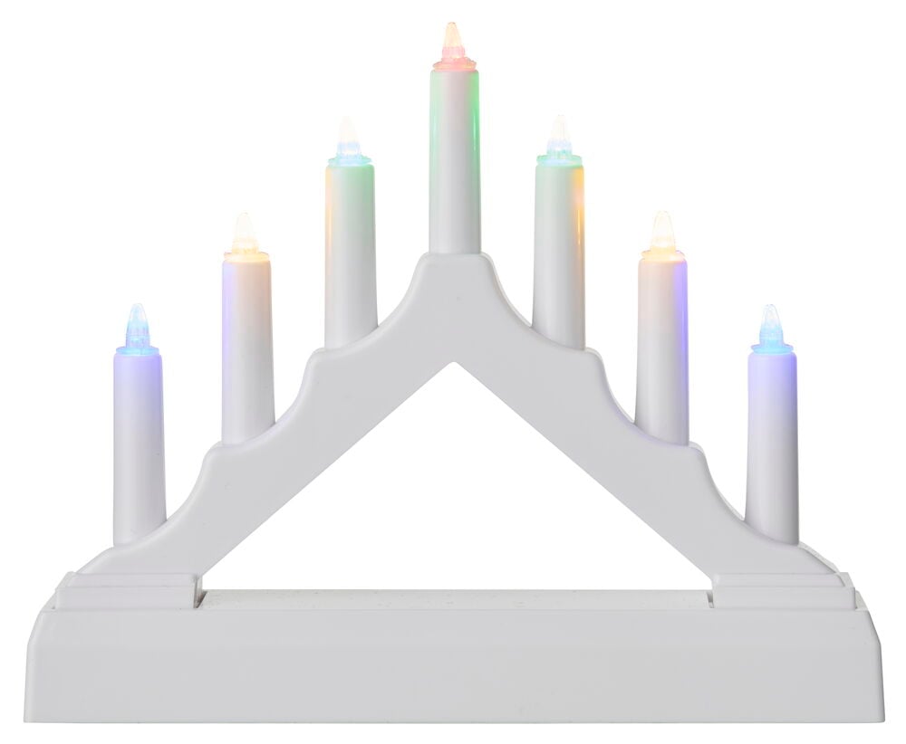 Vit Adventsljusstake Avesta med 7 flerfärgade batteridrivna lampor och timer.