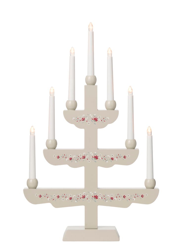 Beige våningsljusstake med 7 vita LED-ljus och rött och vitt blommönster.