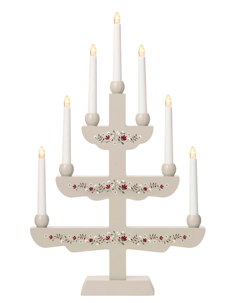 Beige dekorativ ljusstake med 7 vita LED-ljus och rött och vitt blommönster.