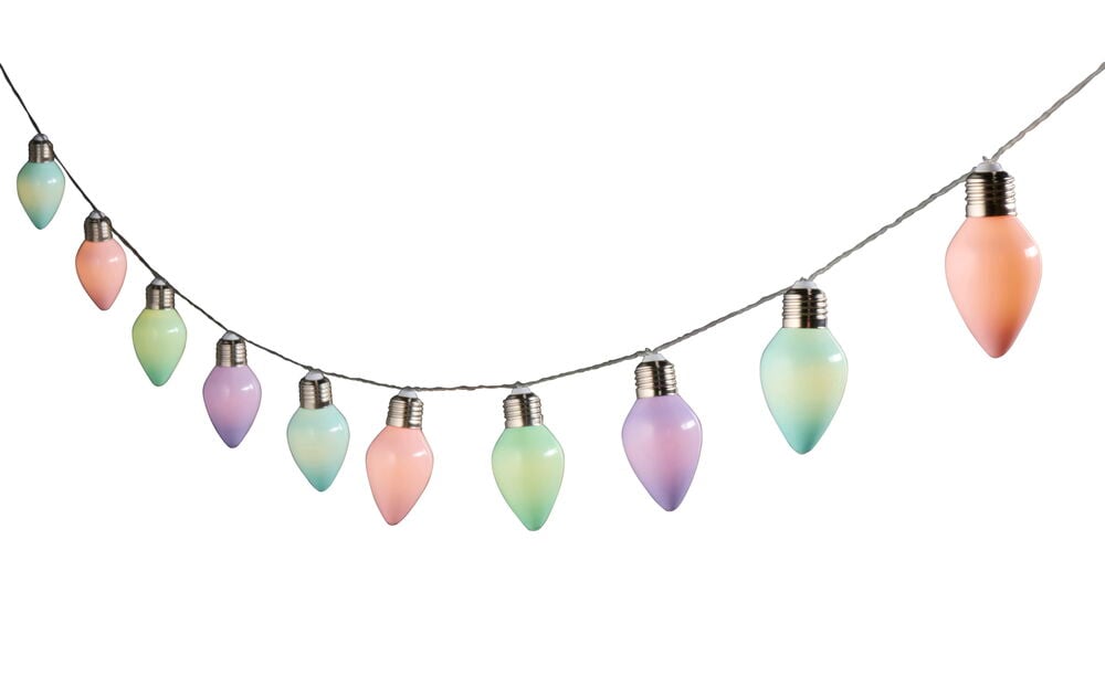 Valoketju Tindra 3,3 m, 12 XL LED Pastelli pastellivärisillä pisaranmuotoisilla lampuilla harmaassa johdossa.