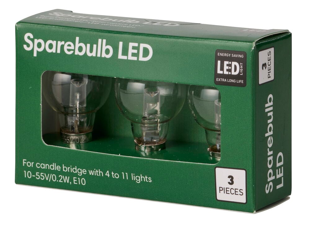 Vihreä laatikko, jossa on 3 Sparebulb LED-lamppua, 10-55V/0.2W, E10, kynttelikköön, vinottain edestä.