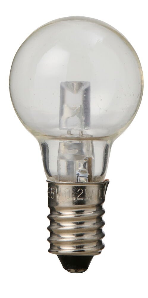 Kirkas Lämmin valkoinen LED-lamppu, pallomainen lasi, hopeinen E14-ruuvikanta, merkinnällä '55V 0.2W'.