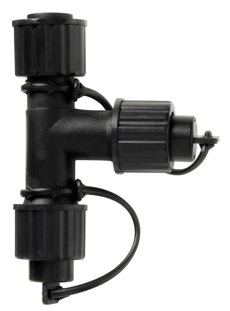 Svart T-formet Forgrening Outdoor LED Light System med tre riflede skrukorker og festede snorer.