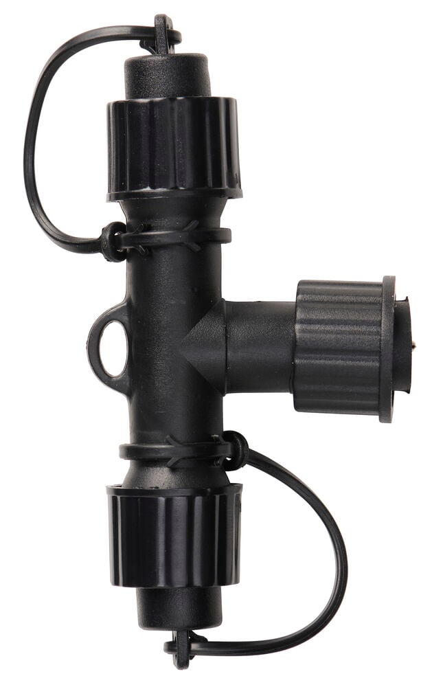 Svart T-formet Forgrening Outdoor LED Light System med tre skruvtilkoblede lokk og festestropper.