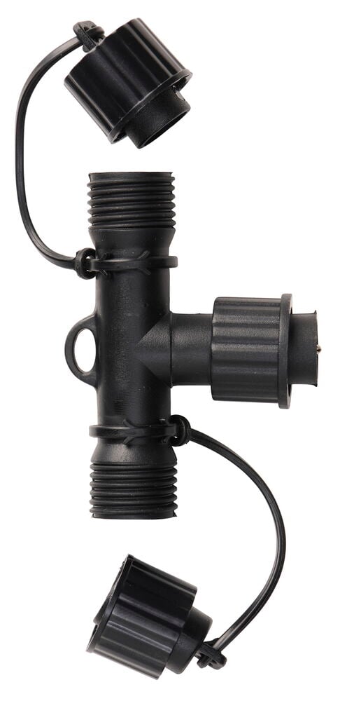 Svart T-formet Forgrening Outdoor LED Light System med tre gjengede porter, hvorav to har festede beskyttelseshetter.