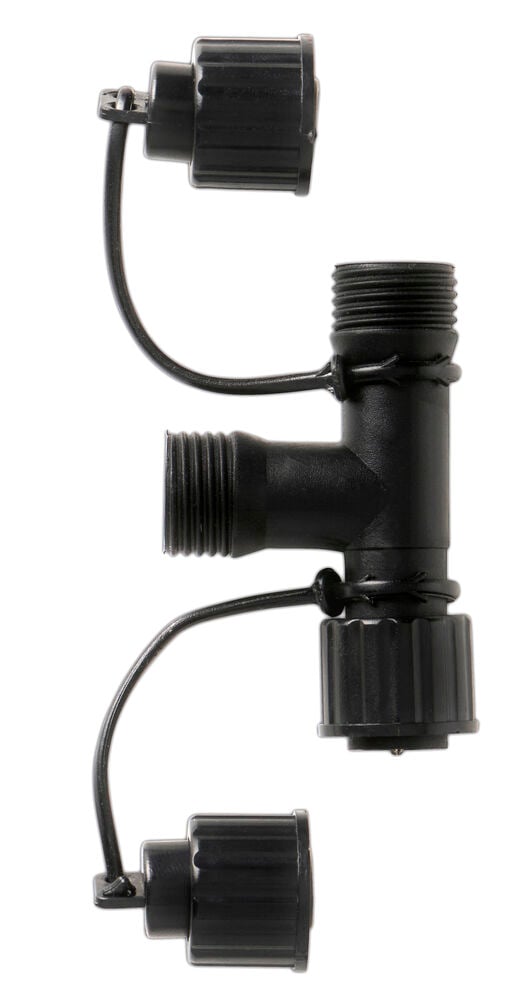 Svart Forgrening Outdoor LED Light System, T-formet kobling med tre gjengede ender og to festede lokk.