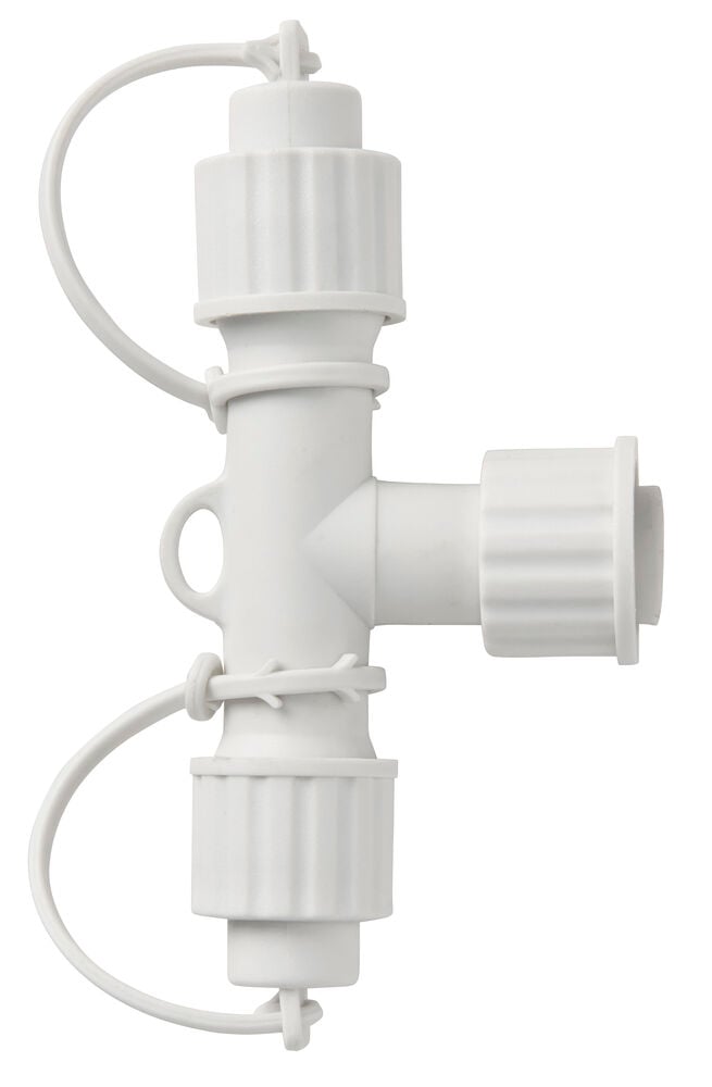 Forgrening Outdoor LED Light System Hvit, en T-formet kobling med skrukorker og festede snorer.