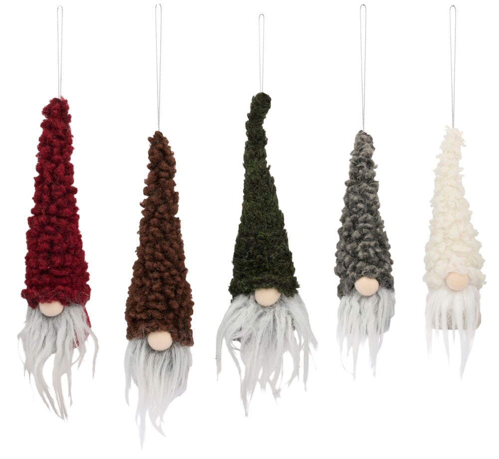 Set aus fünf Weihnachtswichtel Vidar 19 cm Ornamenten: rote, braune, grüne, graue, cremefarbene Texturhüte, weiße Bärte.
