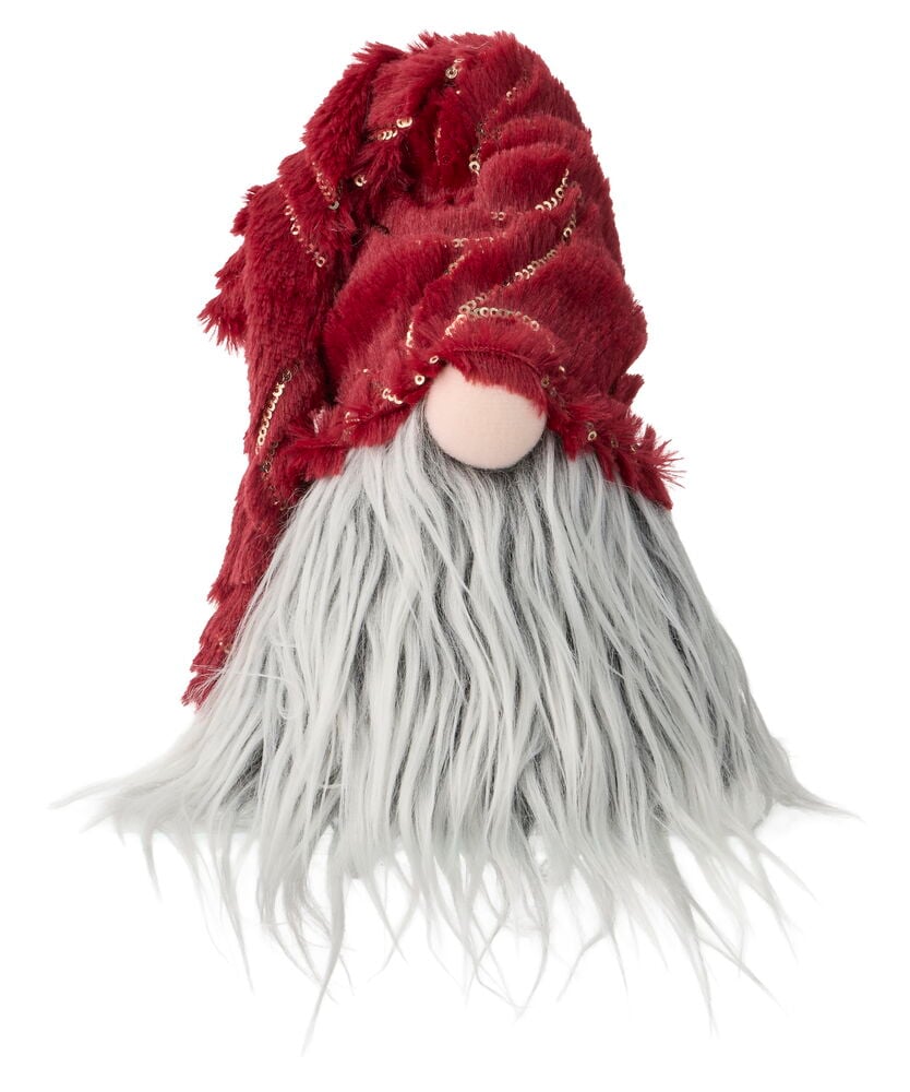 Weihnachtswichtel Theo 20 cm, ein Wichtel mit roter flauschiger Paillettenmütze, rosa Nase und langem grauem Bart.