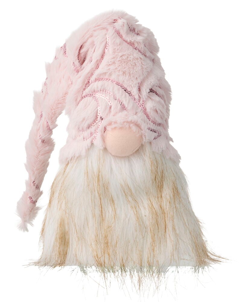 Weihnachtswichtel Theo 20 cm, ein rosa flauschiger Wichtel mit Pailletten, heller Nase und weiß-goldenem Bart.