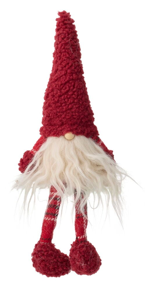 Weihnachtswichtel Truls 21 cm Mixed, ein roter Wichtel aus Stoff mit weißem Bart, kariertem Körper und baumelnden Beinen.