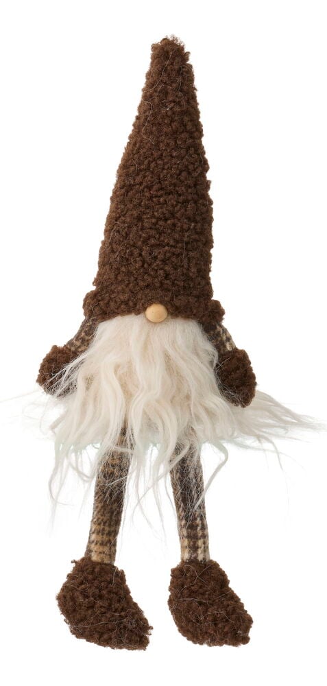 Weihnachtswichtel Truls 21 cm Mixed, ein Plüschwichtel mit brauner zotteliger Mütze, langem weißem Bart und gemustertem Körper, sitzend.