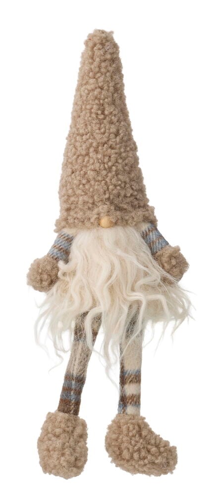 Weihnachtswichtel Truls 21 cm Mixed ist ein beiger flauschiger Wichtel mit langem weißen Bart, Holznase und gestreiftem Körper.