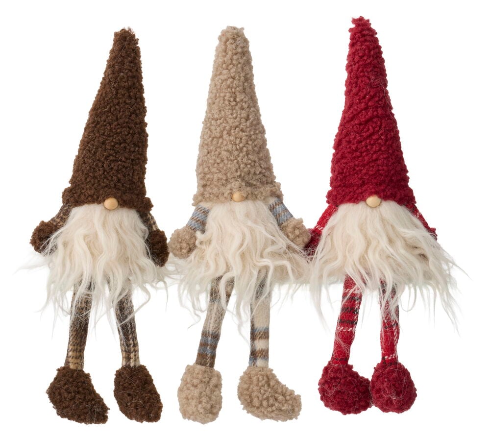 Weihnachtswichtel Truls 21 cm Mixed: drei Plüschwichtel mit braunen, beigen und roten Hüten und weißen Bärten.