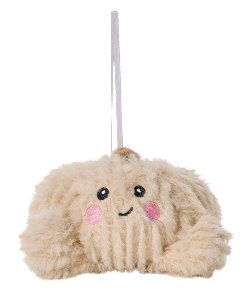 Hellbeige, flauschige Weihnachtsfigur, 15 cm, mit gestickten Augen, Lächeln, rosa Wangen, hängt an weißem Band.