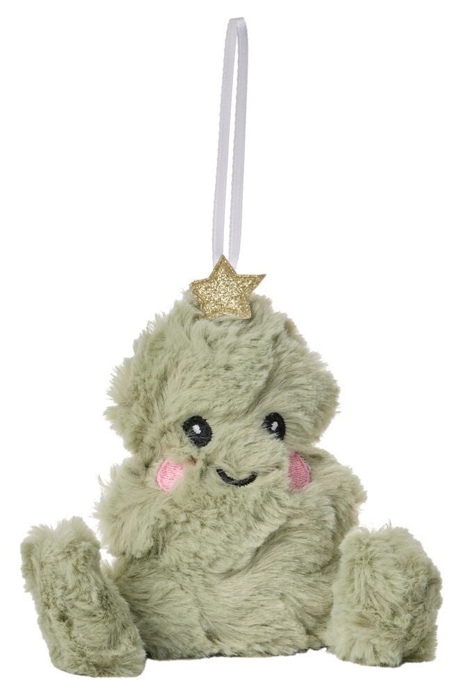 Eine grüne Weihnachtsfigur, 15 cm, aus Plüsch mit einem glitzernden Goldstern und gesticktem Gesicht.