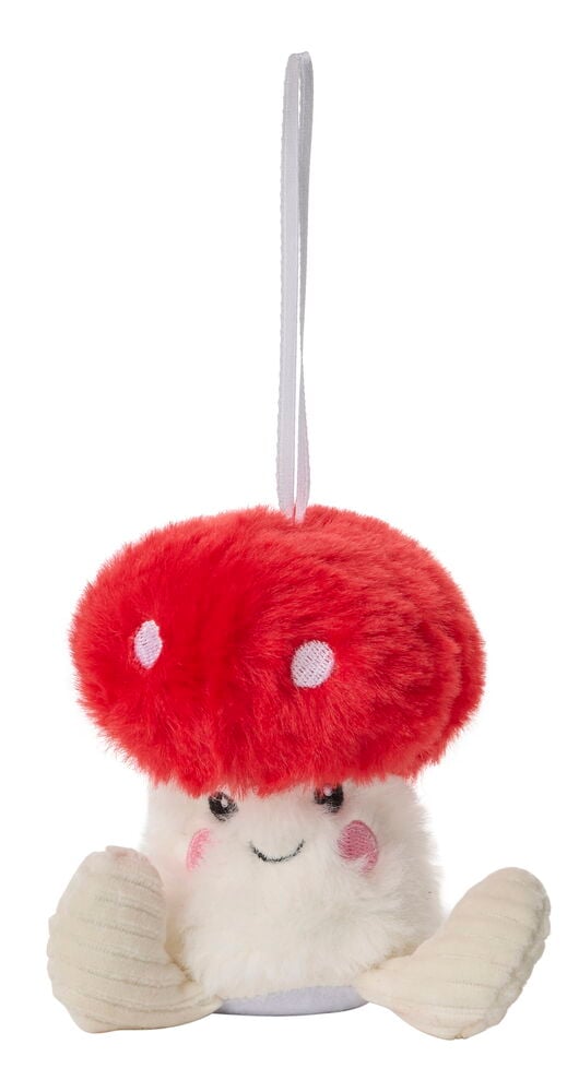 Eine plüschige rot-weiße Pilz-Weihnachtsfigur mit einer weißen Aufhängeschlaufe.