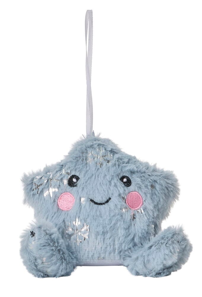 Eine hellblaue flauschige Weihnachtsfigur 15 cm in Sternform mit Glitzerflocken und einem Aufhängeband.