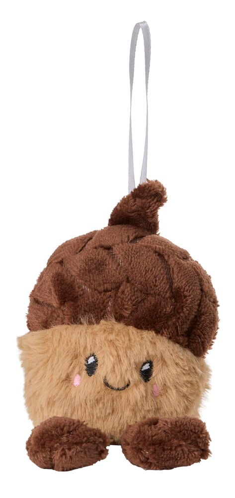 Eine plüschige, eichelförmige Weihnachtsfigur 15 cm Mixed mit brauner Kappe, hellbraunem Körper, Stickgesicht und weißer Schlaufe.