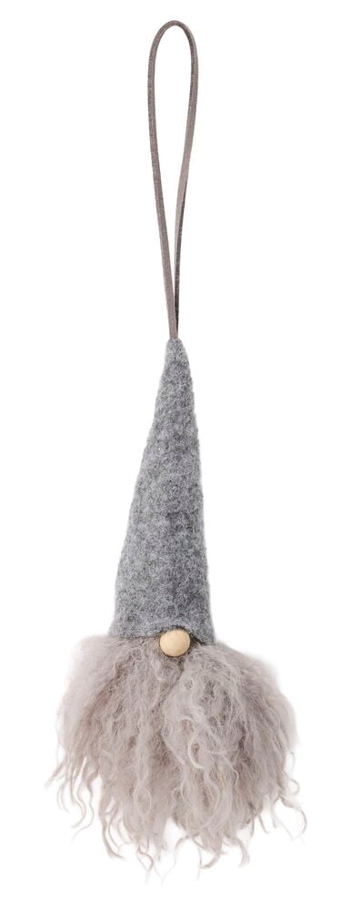 Weihnachtswichtel Noel 18 cm Mixed, ein grauer Filzwichtel mit Holznase, flauschigem Bart und Hängeschlaufe.