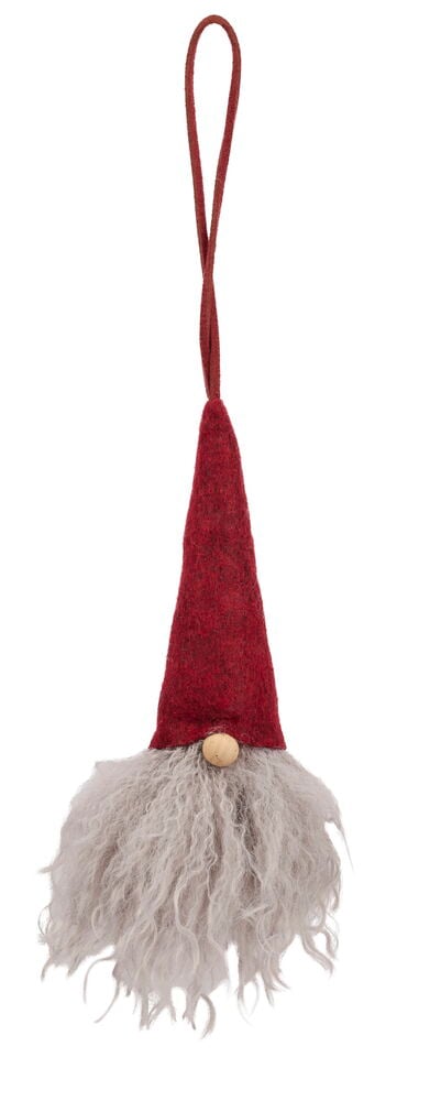 Weihnachtswichtel Noel 18 cm Mixed: Hängender Wichtel mit rotem Filzhut, hellgrauem zotteligen Bart und Holznase.