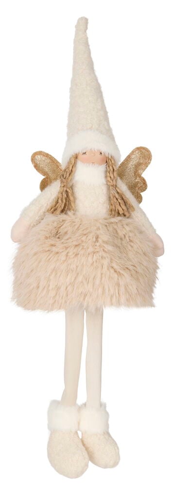 Ängel Vilma 60 cm plyschdocka med krämfärgad spetsig mössa, flätat hår, guldvingar, fluffig beige kjol och krämfärgade stövlar.