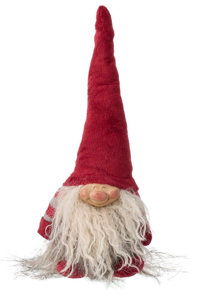 Ein Weihnachtswichtel Tage 21 cm mit roter Mütze, beigem Gesicht, langem weißen Bart und gestreiftem Hemd.