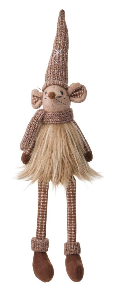 Maus Tim, eine dekorative Plüschmaus, trägt eine Strickmütze, Schal, zotteligen Körper und karierte Beine.