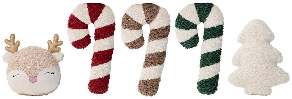 Zierkissen Weihnachtsfiguren Mixed: ein Rentier, 3 gestreifte Zuckerstangen (rot, braun, grün) und ein weißer Weihnachtsbaum.