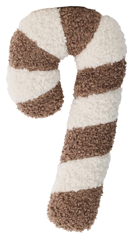 Ein braun-cremefarben gestreiftes Zuckerstangen-Zierkissen aus Bouclé-Stoff, Vorderansicht.
