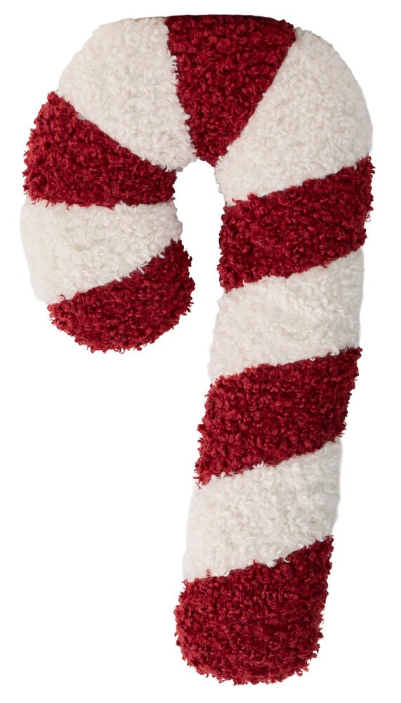 Ein Zuckerstangen-förmiges Zierkissen Weihnachtsfiguren Mixed in Rot und Weiß mit gelocktem Stoff.