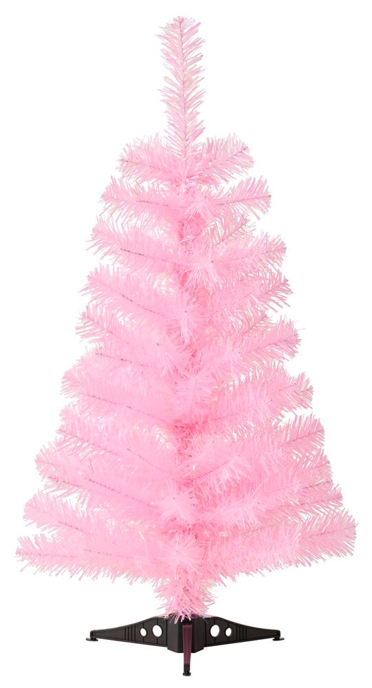 Ein hellrosa 60 cm PVC Weihnachtsbaum steht auf einem schwarzen Fuß.