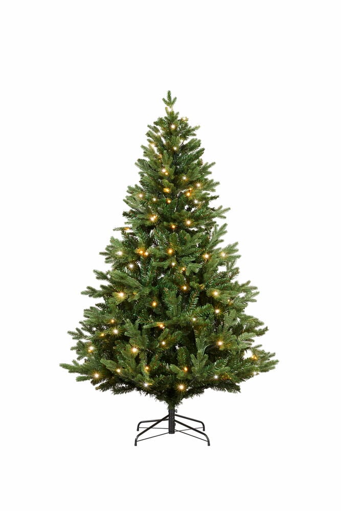 Et grønt ferdig opplyst juletre Chamonix PVC/PE 146 LED med varme lys og svart metallfot.
