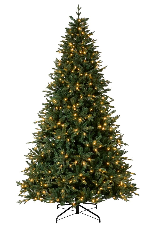 Juletre Chamonix 270 cm PVC/PE 610 LED, grønt kunstig tre med varmhvite LED-lys på svart stativ.