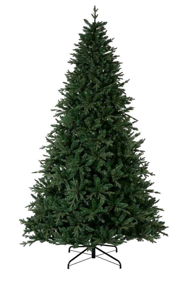 Et mørkegrønt kunstig juletre Chamonix 270 cm PVC/PE 610 LED med svart metallstativ, forfra.