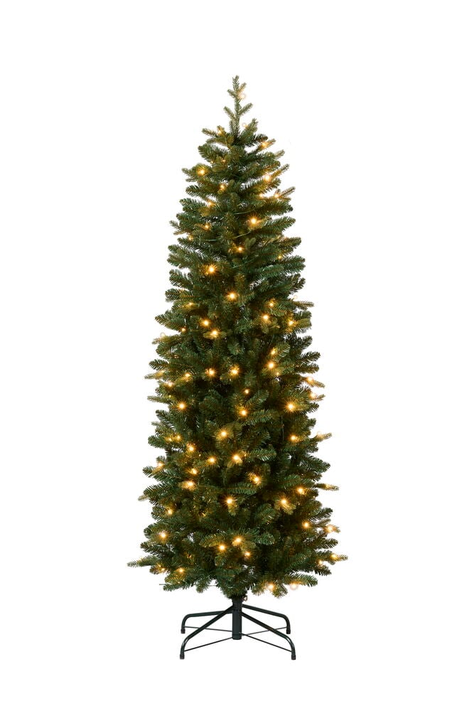 Juletre Trysil PVC/PE 150 LED, grønt med varmhvite lys, stående på et mørkt metallstativ.