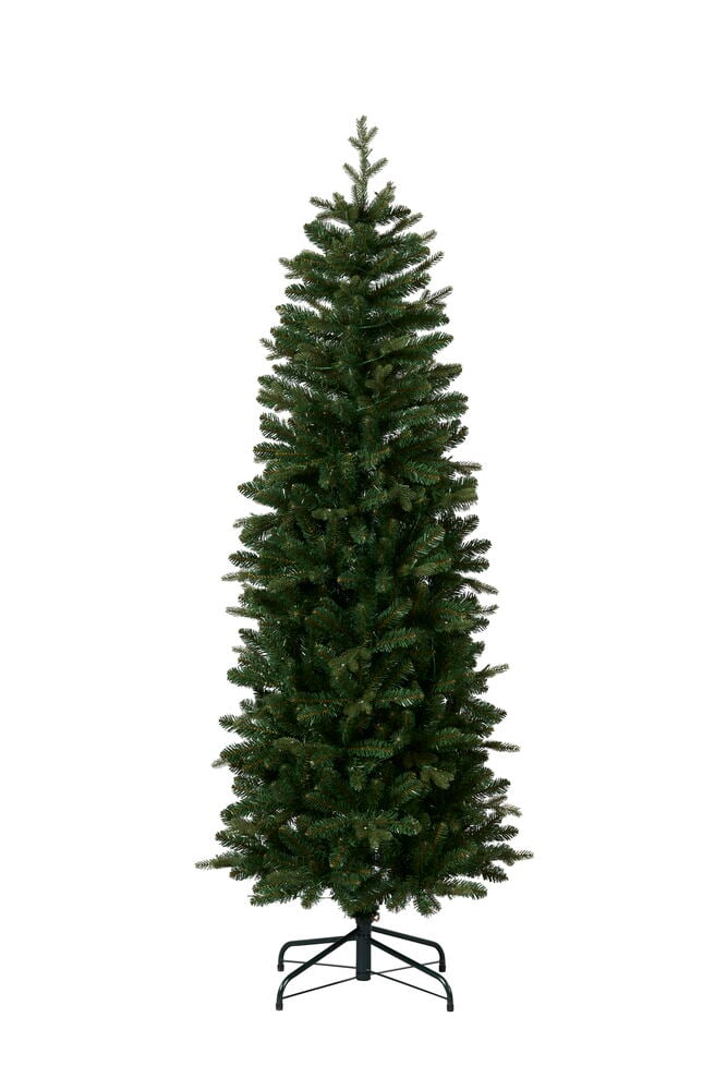 Mørkegrønt, høyt, slankt kunstig juletre med 150 LED-lys og et svart firebeint metallstativ.