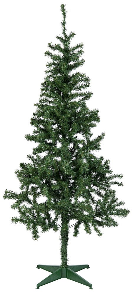 Künstlicher grüner Weihnachtsbaum mit naturgetreuen Ästen und Fuß.