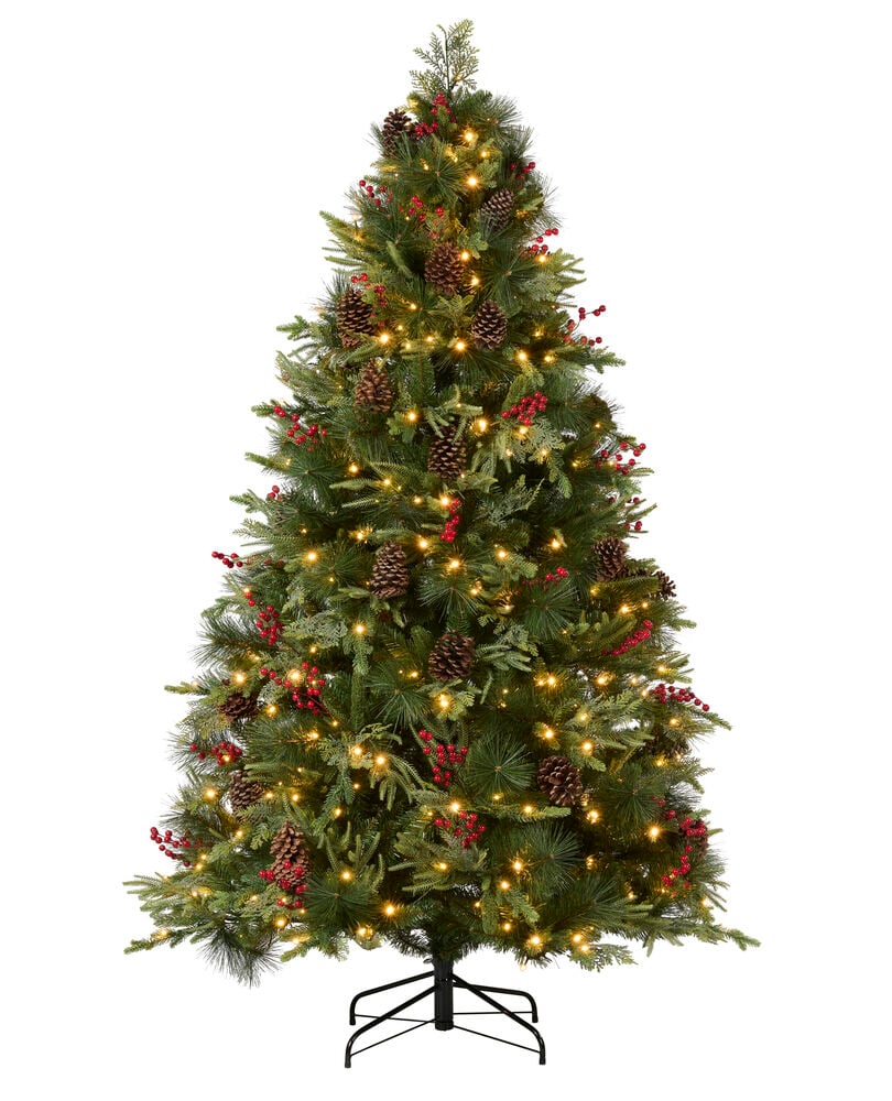 PVC/PE 360 LED kunstig juletre, grønt, forbelyst med varme hvite LED, kongler og røde bær.