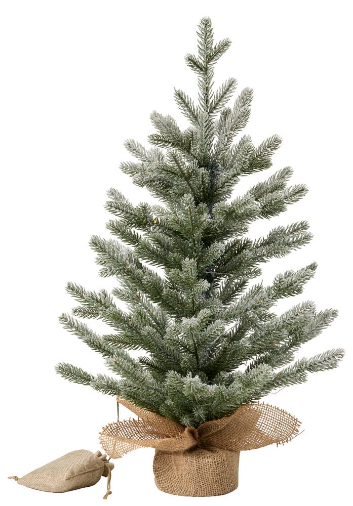 Vereister grüner Deko-Weihnachtsbaum Tydal 60 cm, 30 LED, mit Jutebasis und einer kleinen Jutetasche.